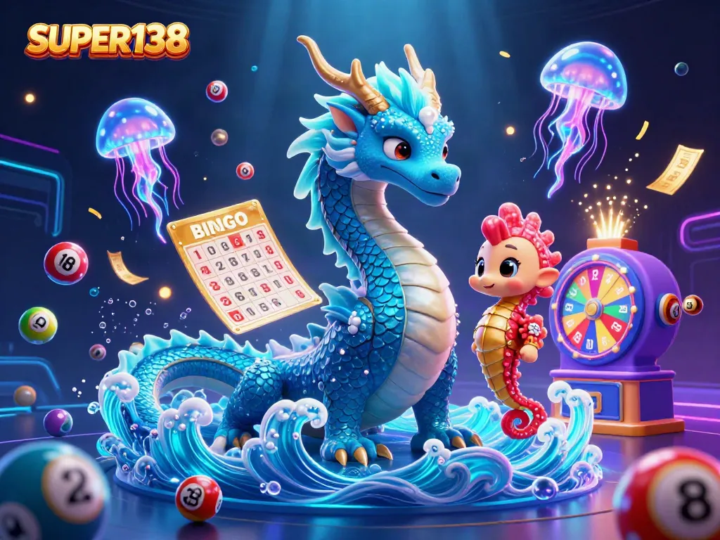 Join the excitement at SUPER138 with a vibrant display of casino elements and characters.