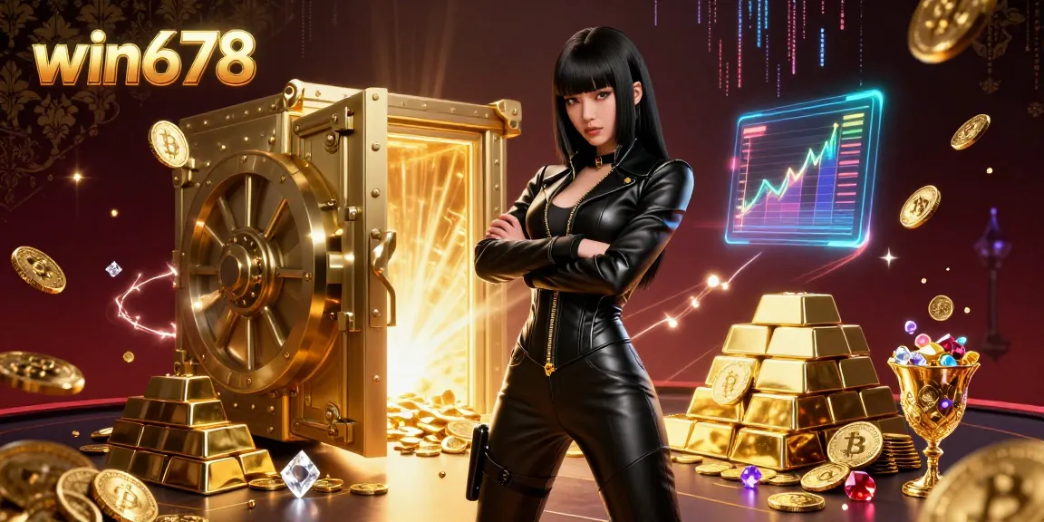 Engage with win678 in this vibrant 3D illustration showcasing a powerful Asian woman amidst gold and neon casino elements.
