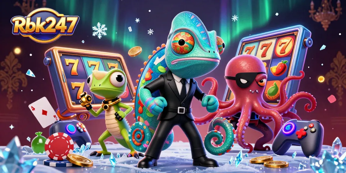 Experience thrilling gameplay with Rbk247's vibrant casino scene, showcasing colorful slot reels and dynamic characters.