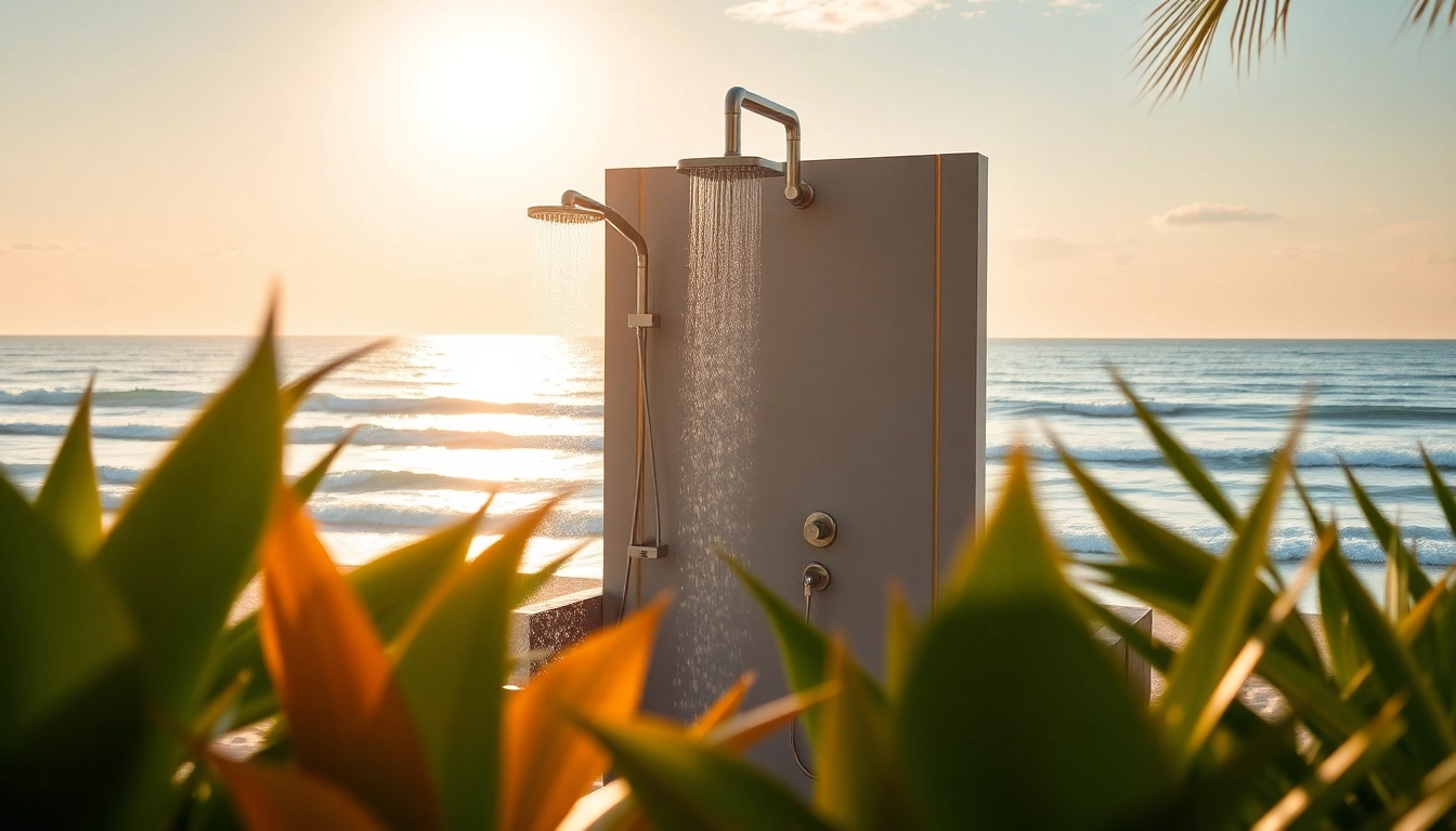 Transform your outdoor space with a sunny shower usa inc design, featuring sleek fixtures in a beach setting.