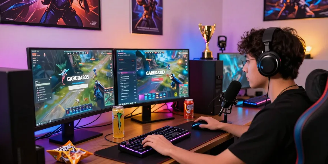 Gamer focused on garuda303 login in a vibrant gaming setup with LED lights and multiple monitors.