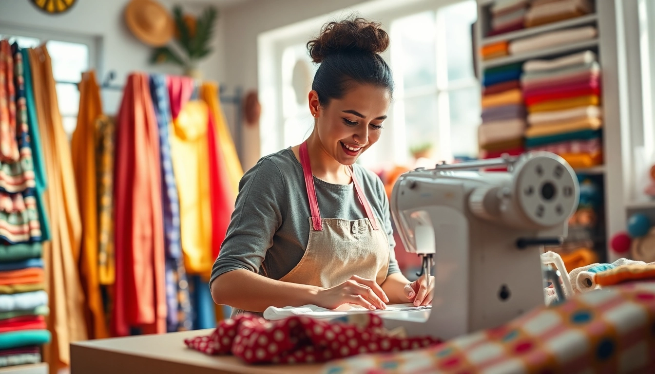 Stoffen online bestellen in een kleurrijke naaiatelier met opvallende stoffen.