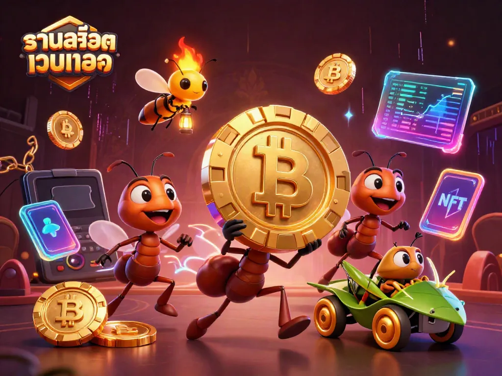 Ants heist with a golden poker chip in a vibrant شاملสล็อตเว็บตรง scene, featuring crypto coins and blockchain links.