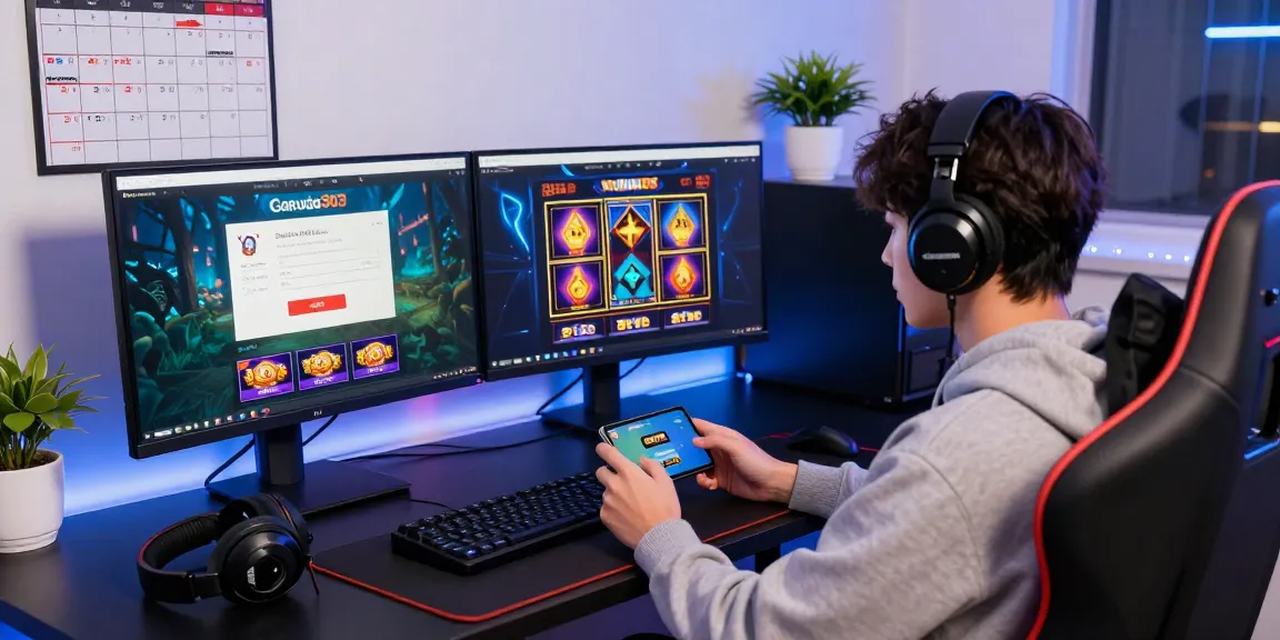 Engaged gamer at Garuda303 login screen, vibrant gaming accessories around