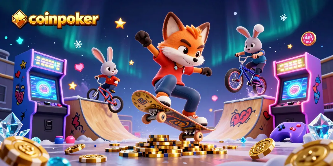 Le renard skateboardeur et le lapin BMX interagissent dans un univers vibrant de CoinPoker, rempli de symboles de casino.