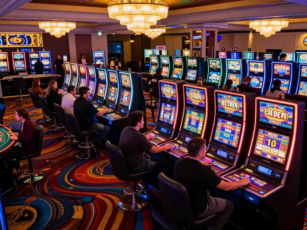Players enjoying bright slot gacor machines with vibrant lights in an exciting casino atmosphere.