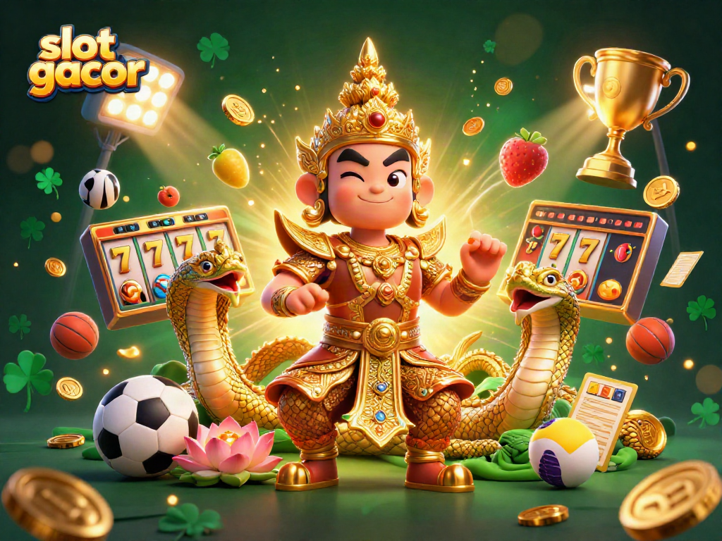 Engage in thrilling slot gacor adventures with a vibrant 3D scene featuring golden guardians and dynamic symbols.