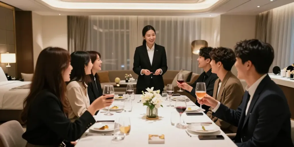 강남 구구단의 고급스러운 사적 공간에서 친구들이 즐거운 시간을 보내고 있습니다.