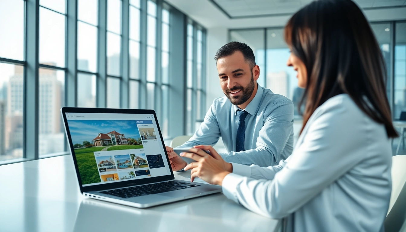 Real Estate agent collaborating with a client, showcasing listings in a bright office setting.
