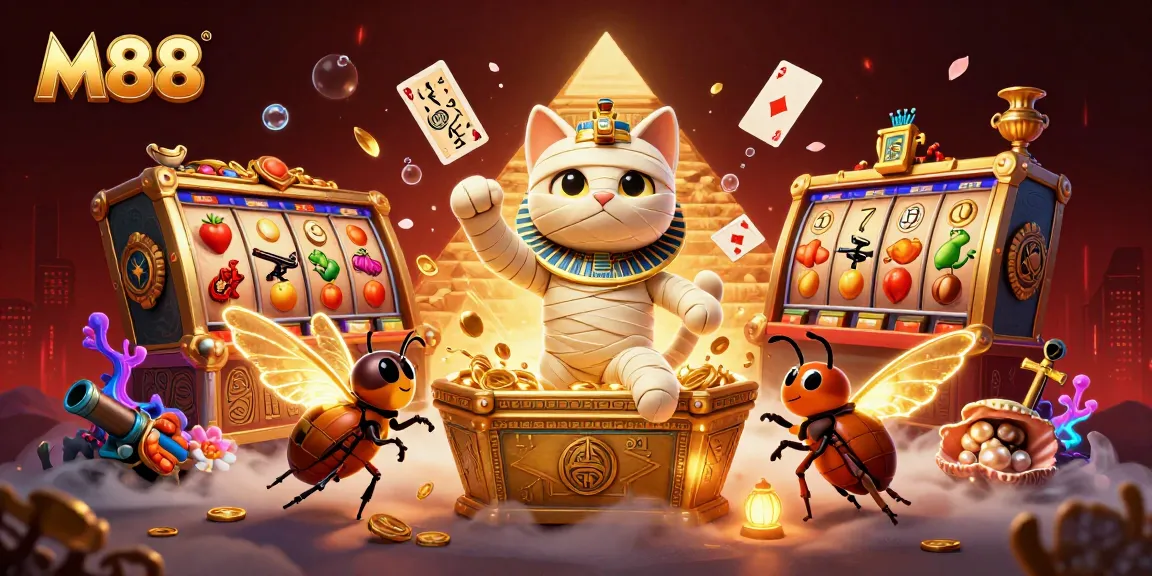 Experience M88 gaming excitement with a mummy cat and jackpots in this vibrant casino scene.
