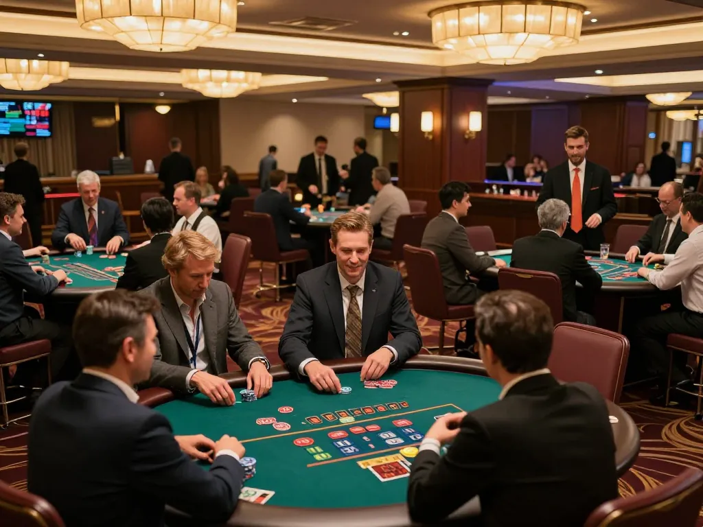 Engaged players at sunwinapk blackjack tables, celebrating winning strategies in a vibrant casino.
