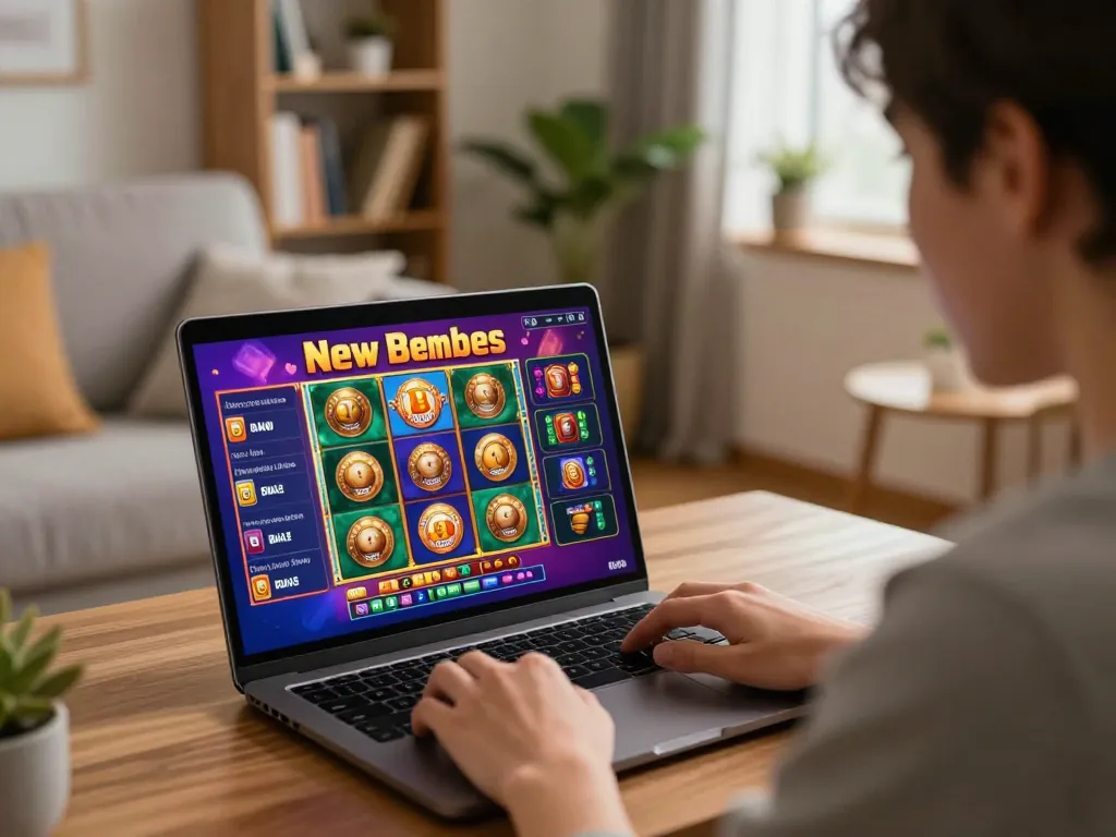 Engaging online gaming moment showcasing slot bonus new member promotion, person playing on laptop in cozy home.