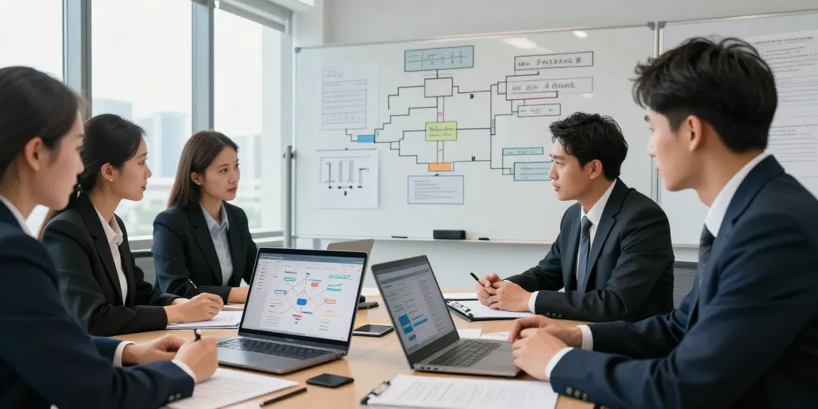 Team analyzing asset tracing strategies in a modern office environment, showcasing collaboration.