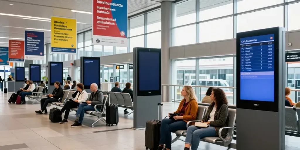 Transport Moldova Olanda - Pasageri așteptând în terminalul modern de autobuz, pregătiți pentru o călătorie sigură.
