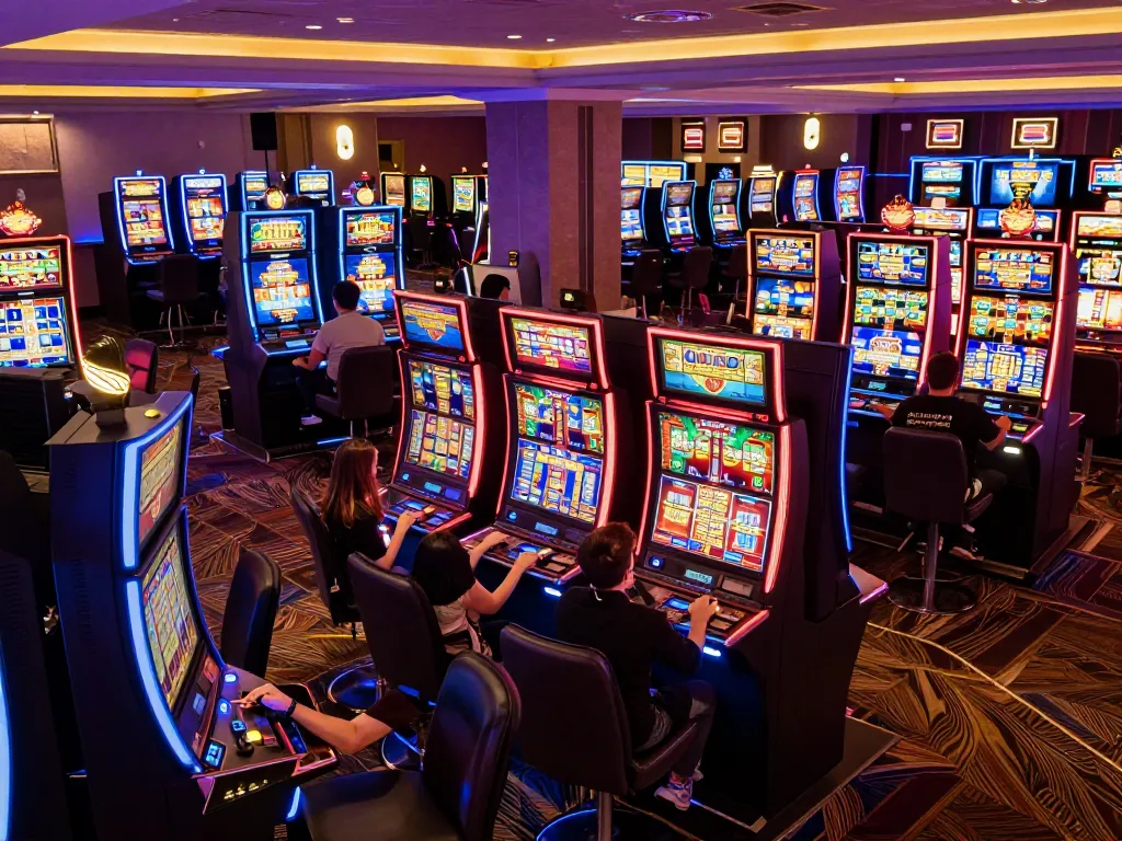 Players enjoying slot machines featuring exciting 777 themes in a vibrant casino atmosphere