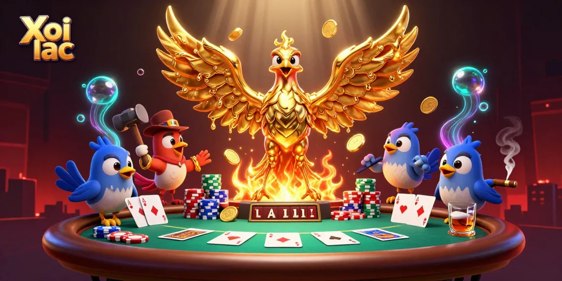 Xoi lac showcases a dynamic illustration of a molten phoenix and poker elements in a casino scene.