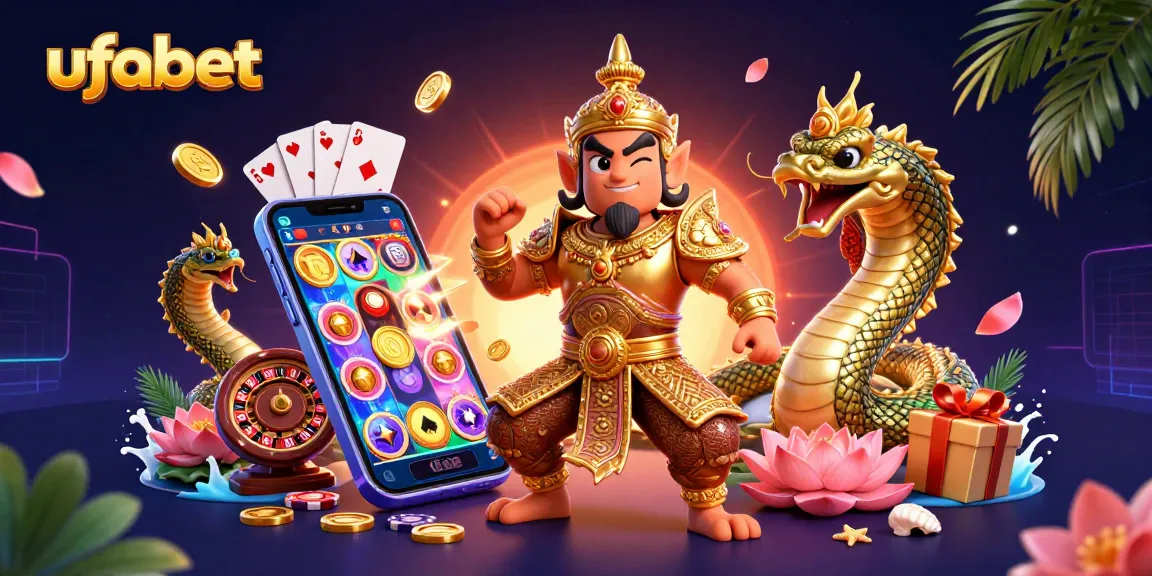 Experience the thrill of ufabet with a vibrant casino scene featuring a guardian and Naga companions.