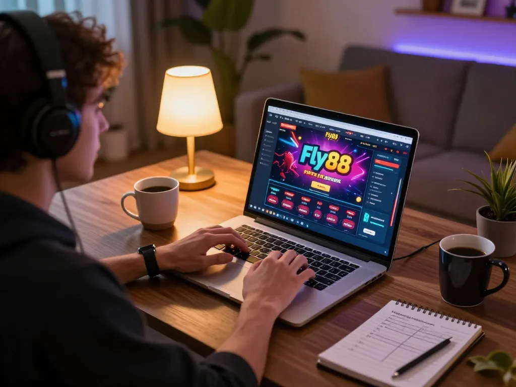 Player engaging with fly88 online casino on laptop with strategic notes in cozy living room.