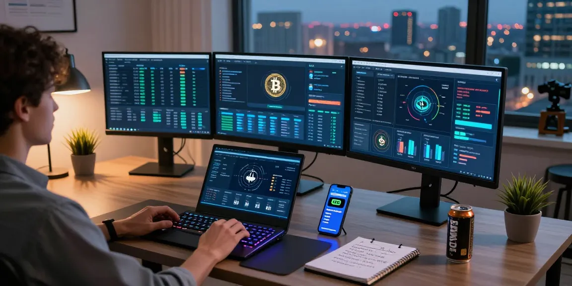 Bitcoin mining service setup in a modern office with screens showing blockchain analytics and crypto wallet.