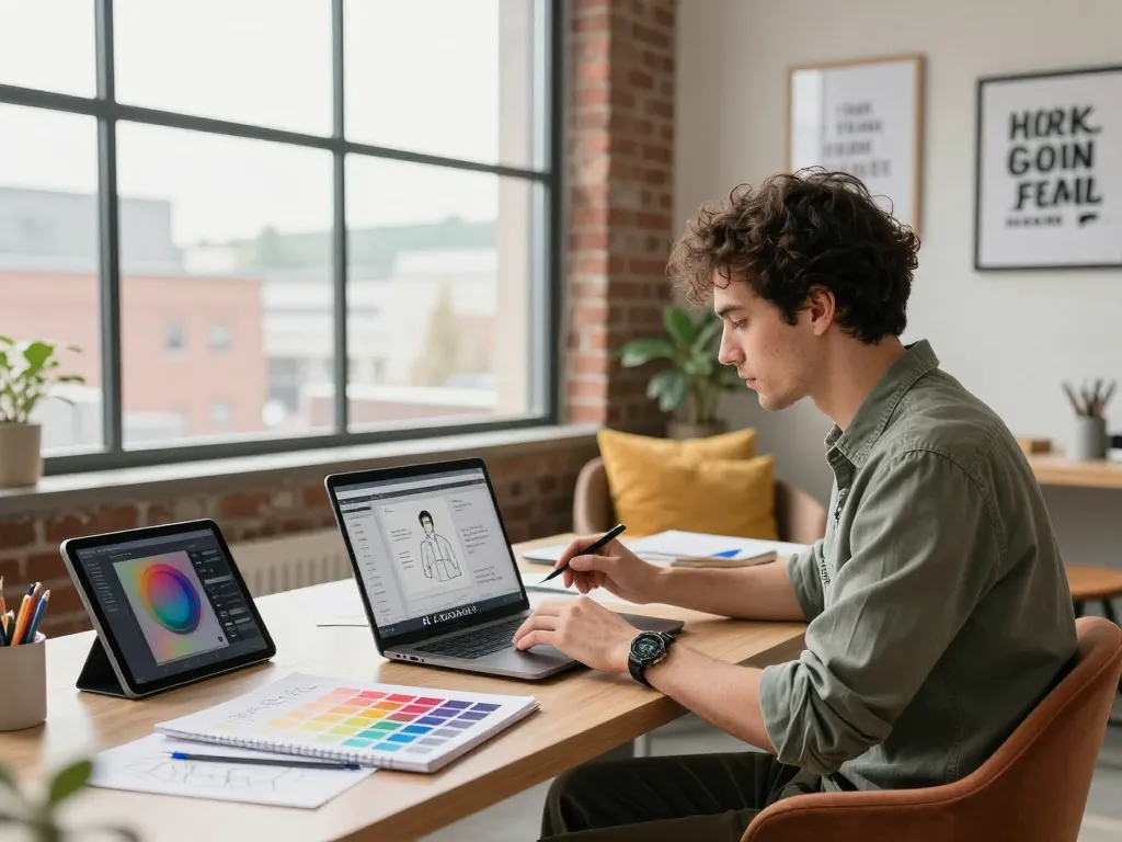 An entrepreneur using an AI image to prompt generator in a vibrant digital workspace filled with design tools and natural light.