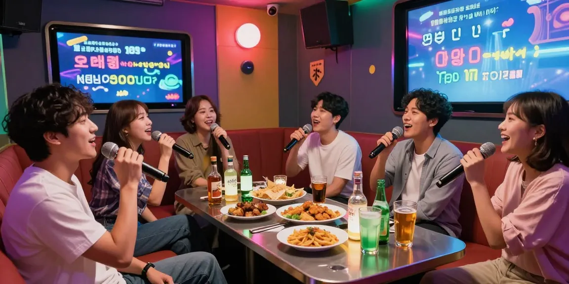제주유흥에서 친구들과 즐거운 노래방 시간, 화려한 조명 아래 신나는 분위기.