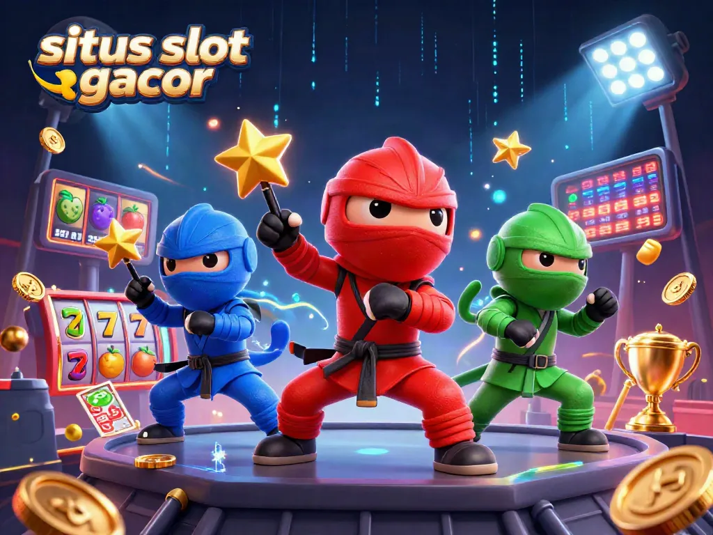 Situs slot gacor memperlihatkan tim ninja chameleon 3D melakukan pose tempur di rooftop dalam suasana kasino yang ceria.