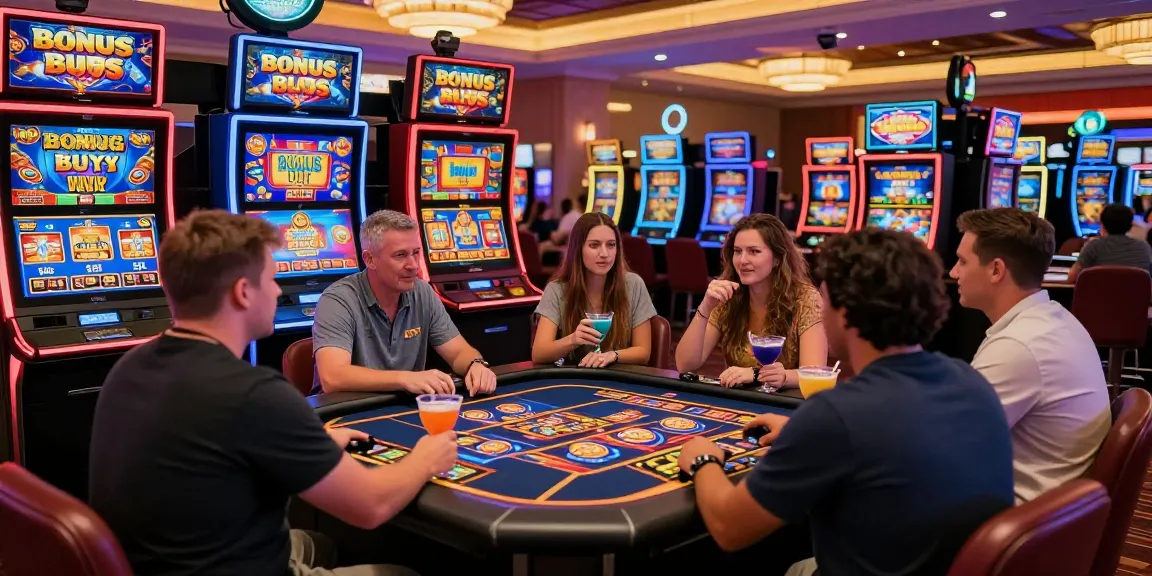 Players enjoying Bonus Buy Slots at vibrant casinos, exploring exciting features at https://thekingarthur.co.uk/