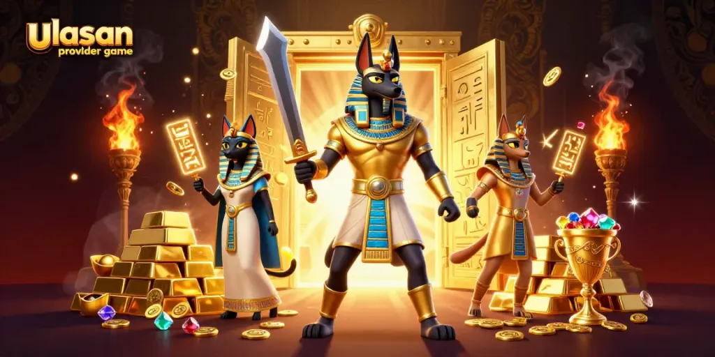 Ulasan provider game dengan Anubis dan Bastet dikelilingi harta berkilau.