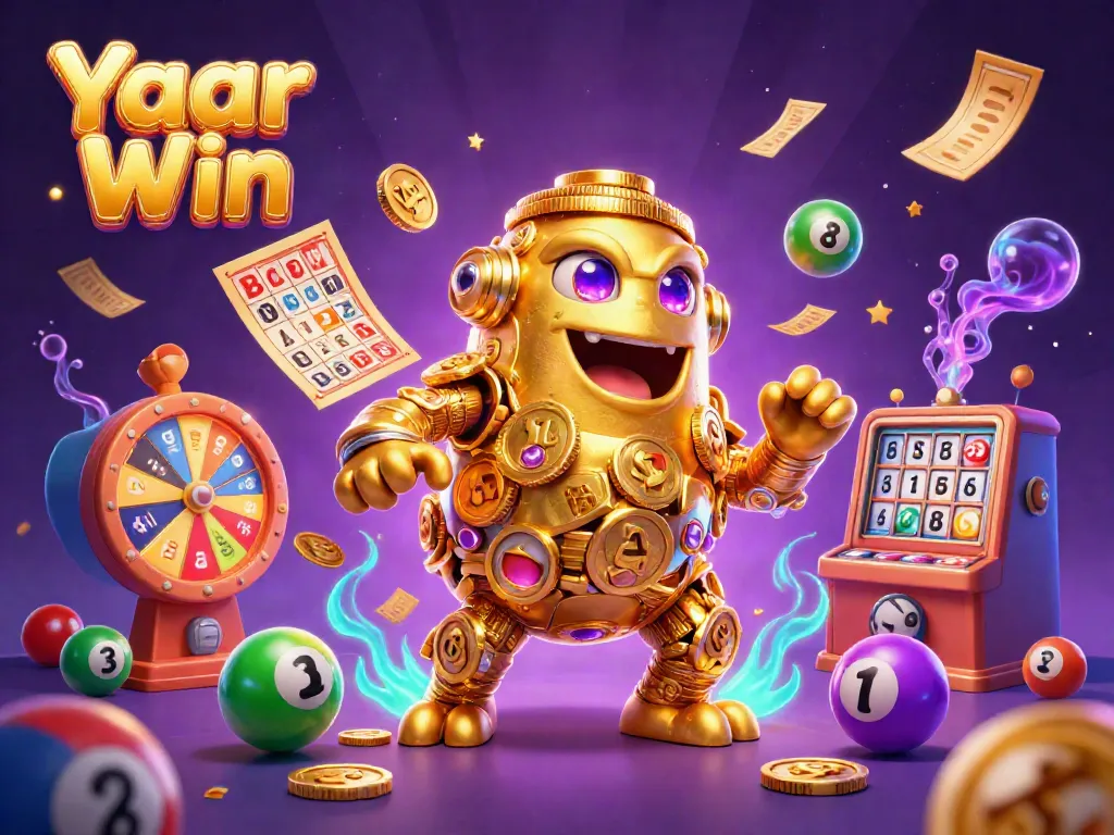 Experience Yaar Win with dynamic lottery elements and a golden golem in a vibrant scene.