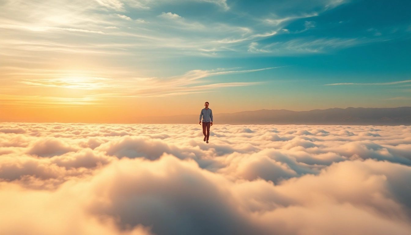 Walking on Clouds evokes a sense of freedom and tranquility through a serene landscape.