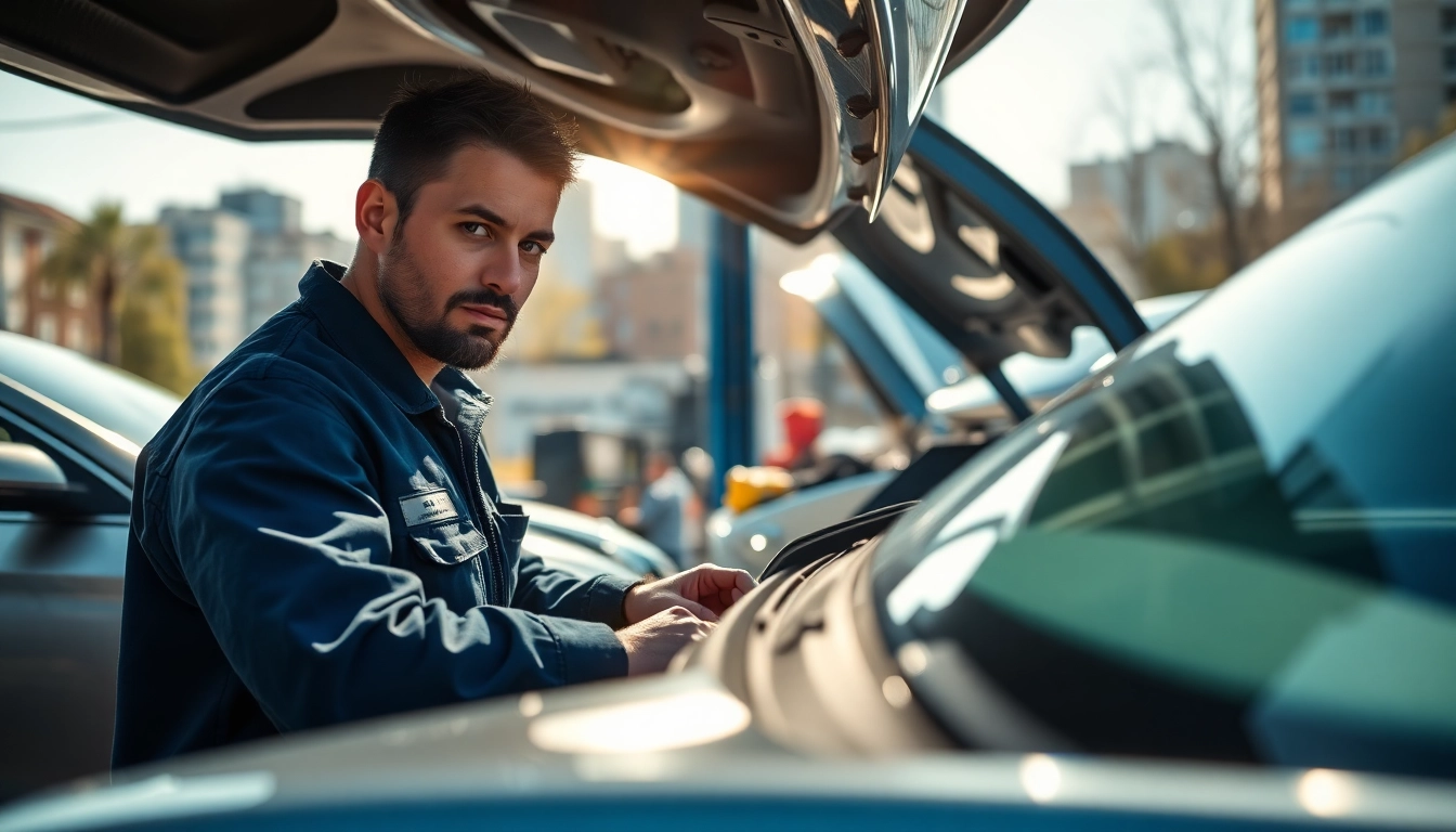 Performing mobile car repair service on a vehicle with tools in an urban setting.