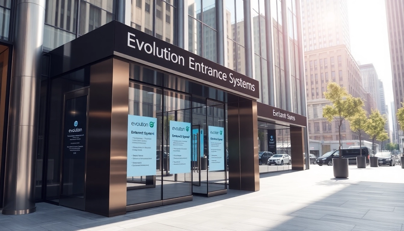 Explore Evolution Entrance Systems showcasing modern automated entrances in a vibrant urban setting.