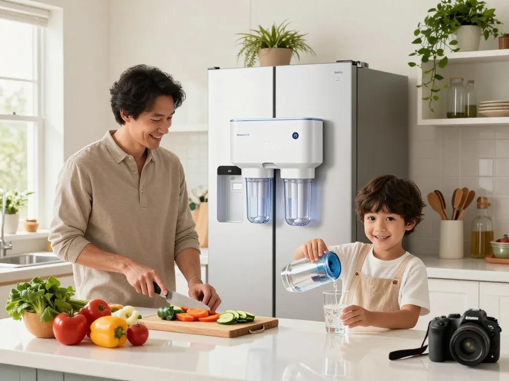 Family using the Waterdrop Plus RPWF Refrigerator Water Filter in a bright kitchen.
