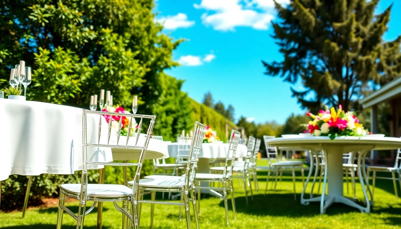 Table & Chair Rentals displayed set for a garden event with vibrant flowers and elegant decor.