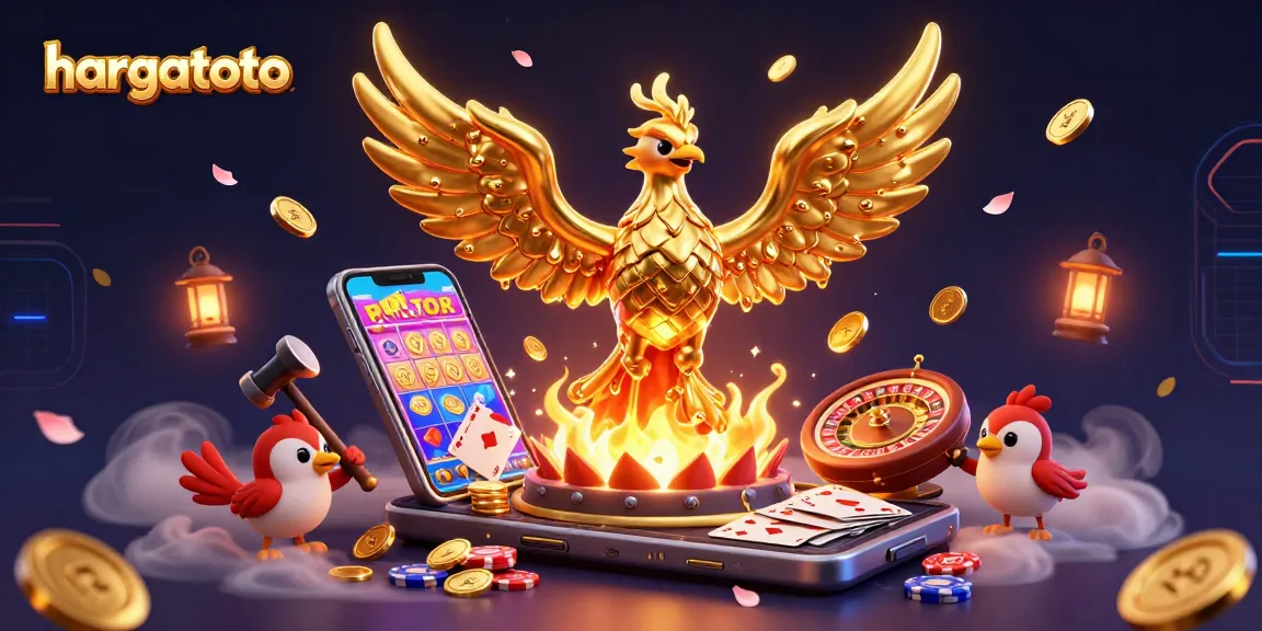 Engage with hargatoto's dynamic 3D phoenix and vibrant slot game illustration showcasing exciting casino elements.