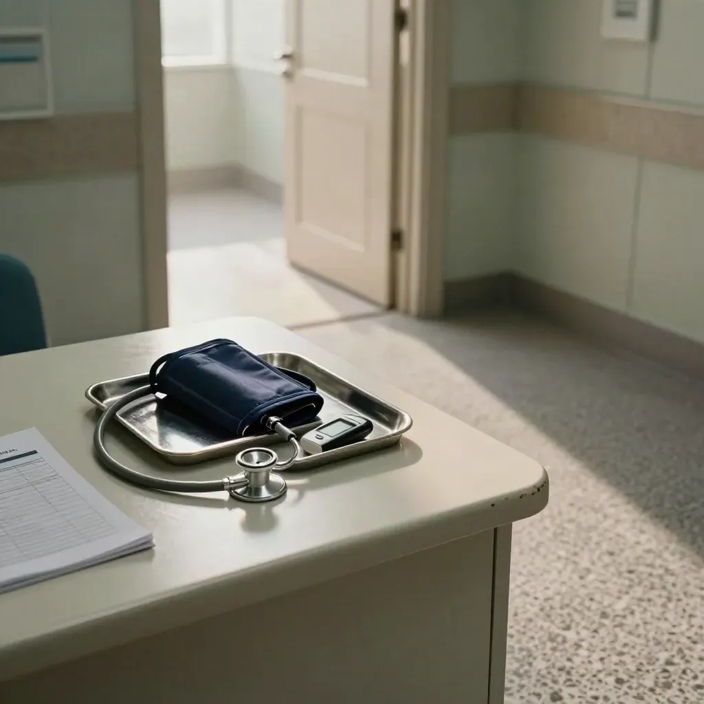 Empty clinic consult room with medical tools in sunrise haze beside a stone corridor
