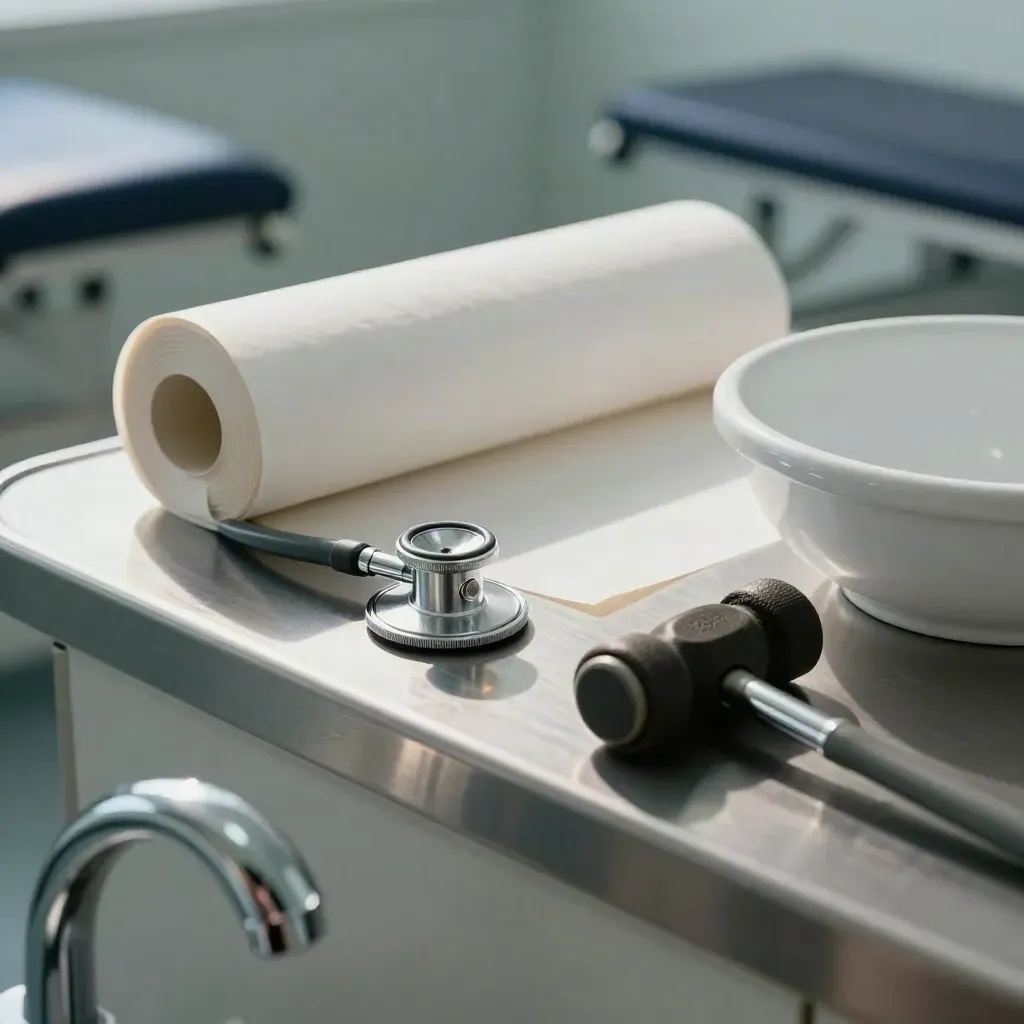 Macro of exam paper, stethoscope, reflex hammer, and sink in a bright checkup room.