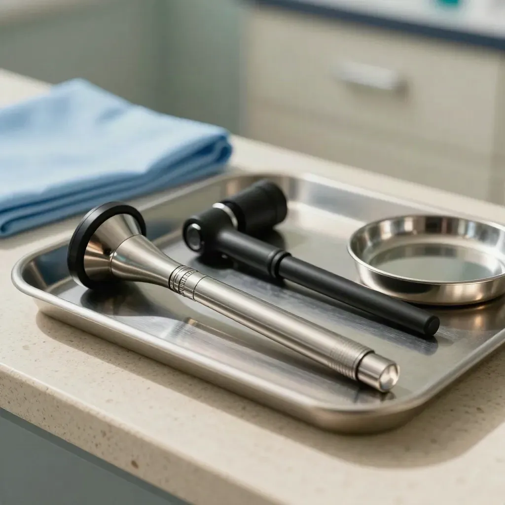 Diagnostic tools on travertine stone in a soft, premium clinic still life.