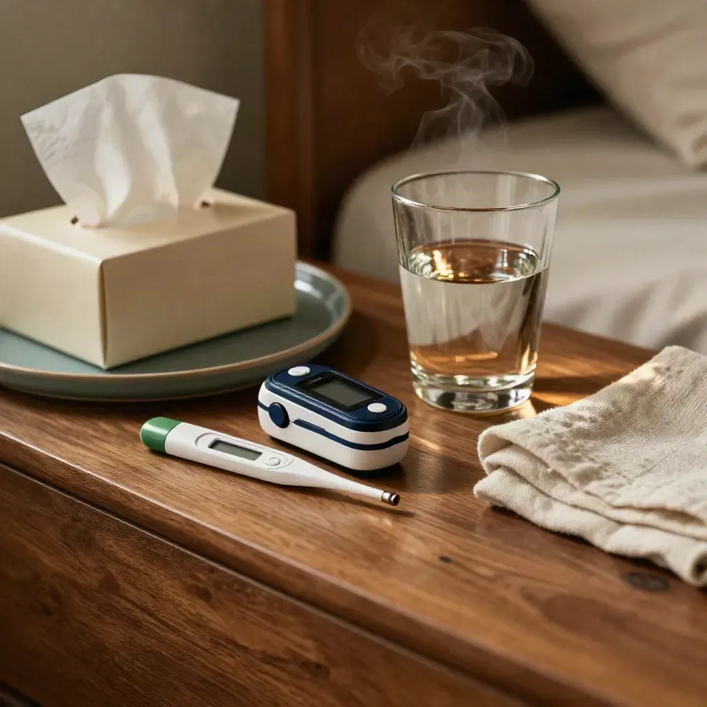 Bedside symptom check still life with thermometer, pulse oximeter, tissues and water glass.