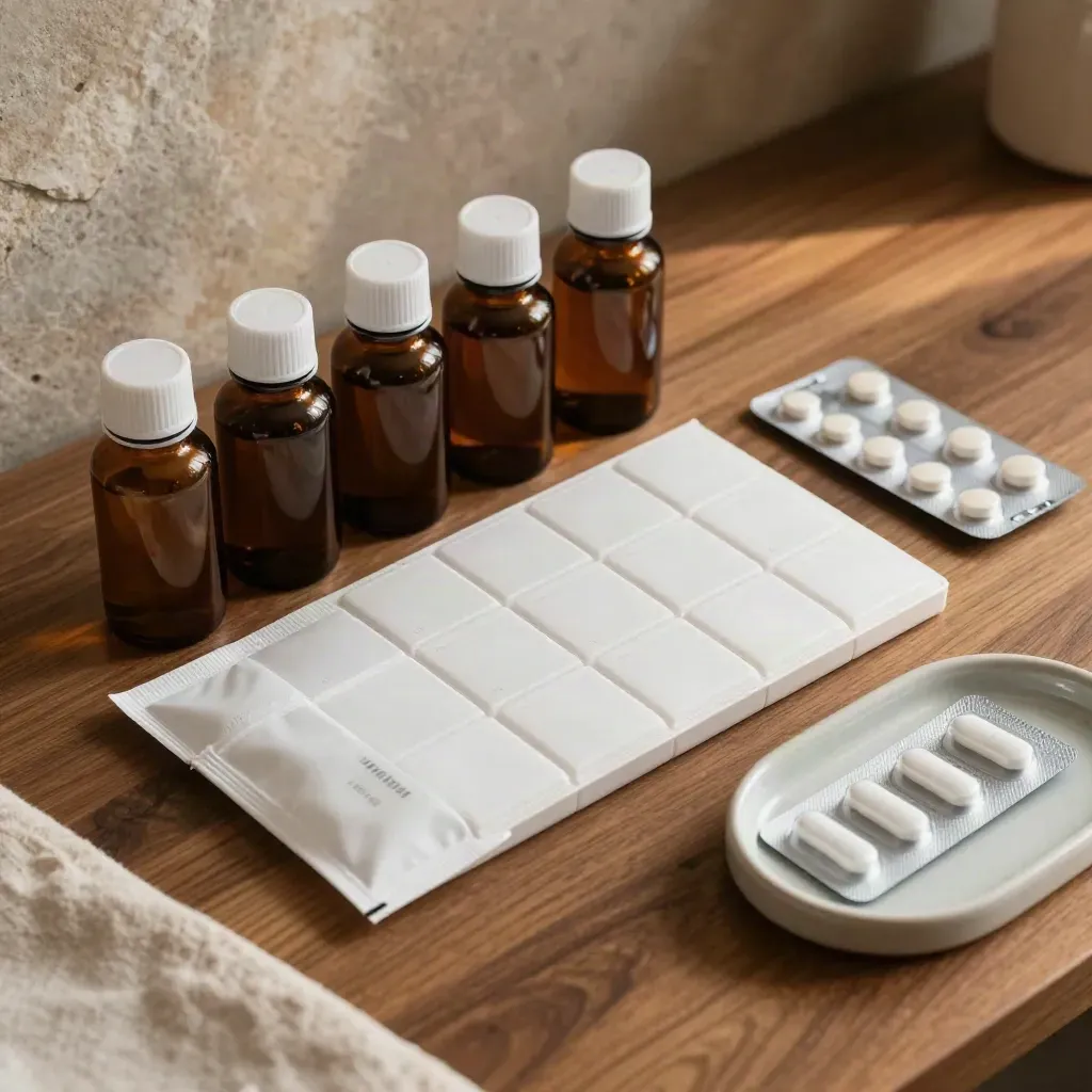 Top-down prescription bottles, pill organizer, and refill pouch on a warm walnut counter.