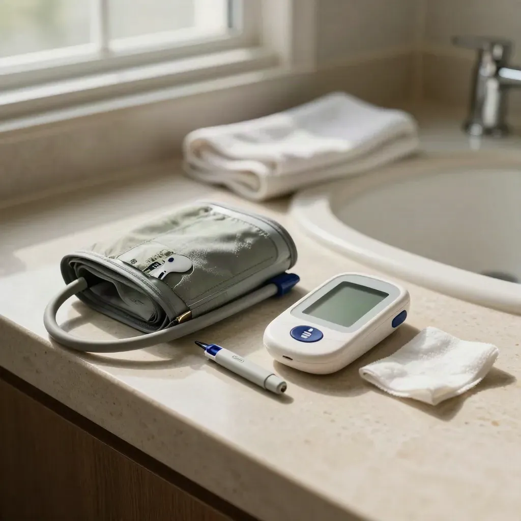 Home blood pressure cuff, glucose meter and lancet on a stone counter in cool morning light.
