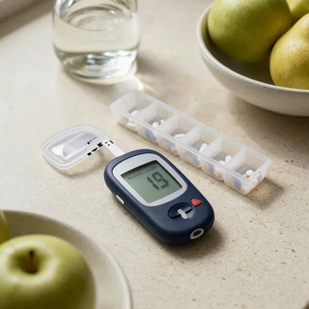 Top-down glucose meter, pill sorter, water carafe and fruit bowl on travertine