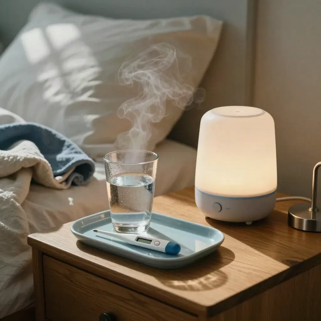 Bedside fever-check setup with thermometer, humidifier mist, water glass and folded blanket