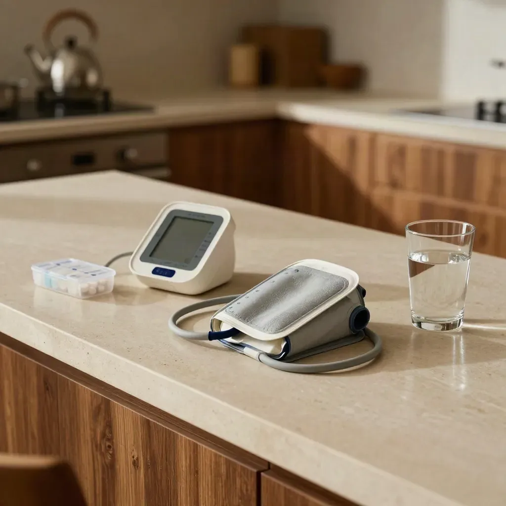 White blood-pressure cuff, pill organizer, and water glass on a stone kitchen counter in soft daylight