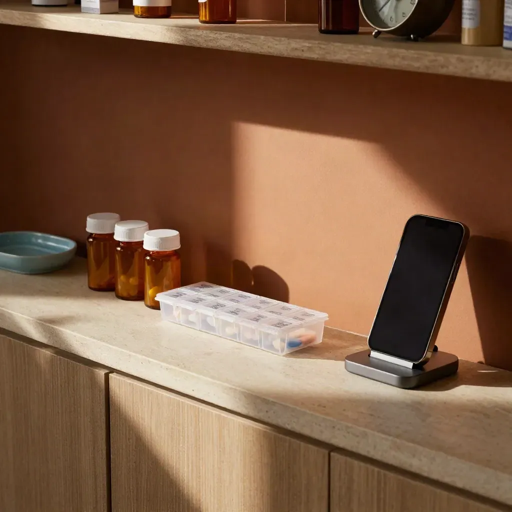 Amber bottles, weekly pill organizer, alarm clock and phone dock on a stone counter.