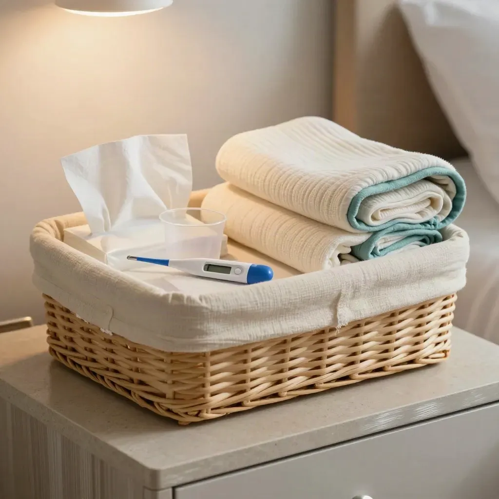 Bedside sick-care basket with thermometer, tissues, medicine cup, and folded blanket.
