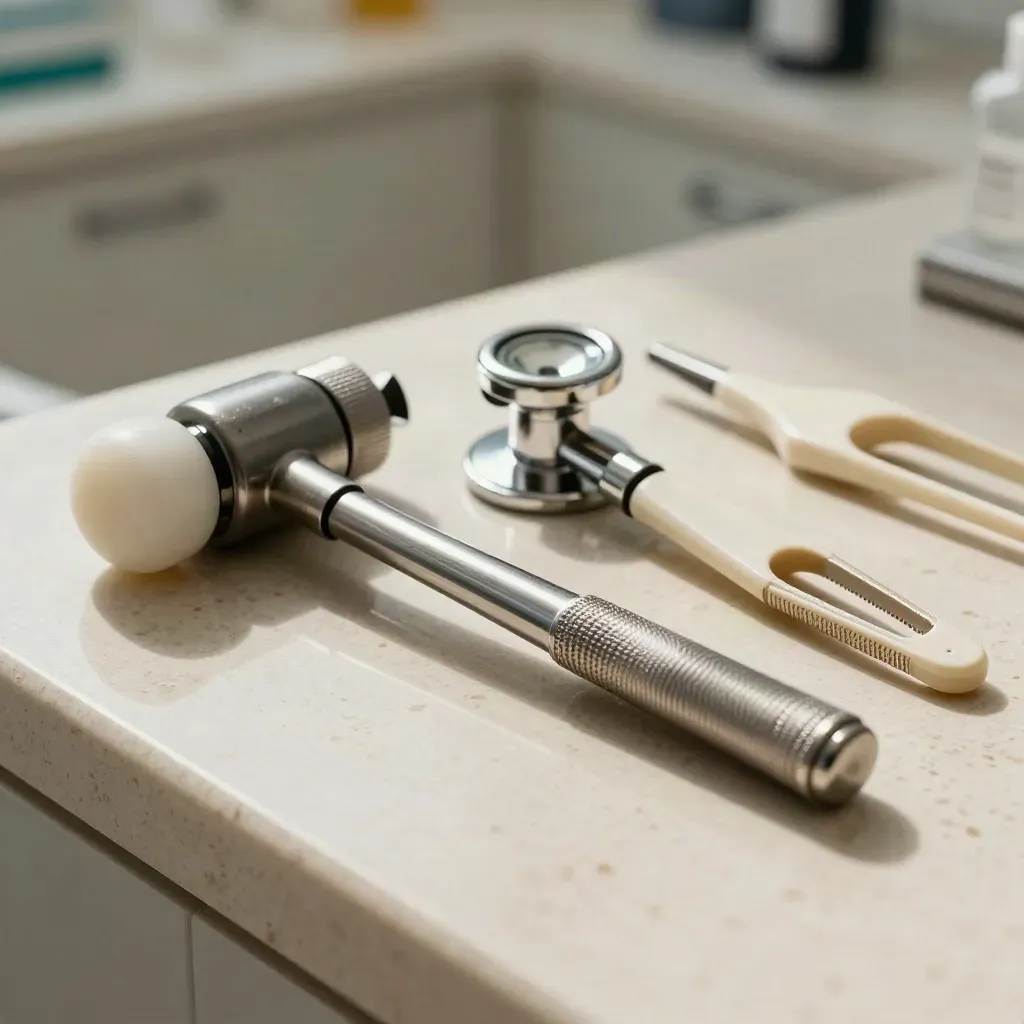 Extreme macro of medical diagnostic tools on travertine, reflex hammer sharp, others softly blurred.