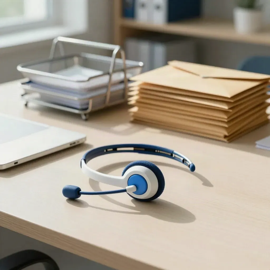 Headset, laptop, file tray and envelopes on a sunlit care coordination desk.