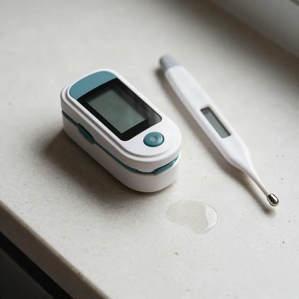 Pulse oximeter, glucose meter and thermometer on pale stone in hard clinical light.