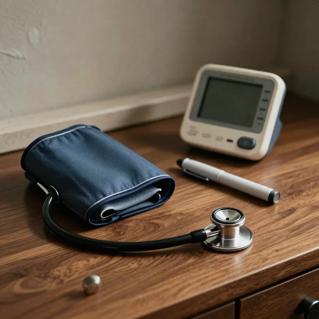 Stethoscope, blood pressure cuff, penlight, and home monitor on a walnut clinic workbench